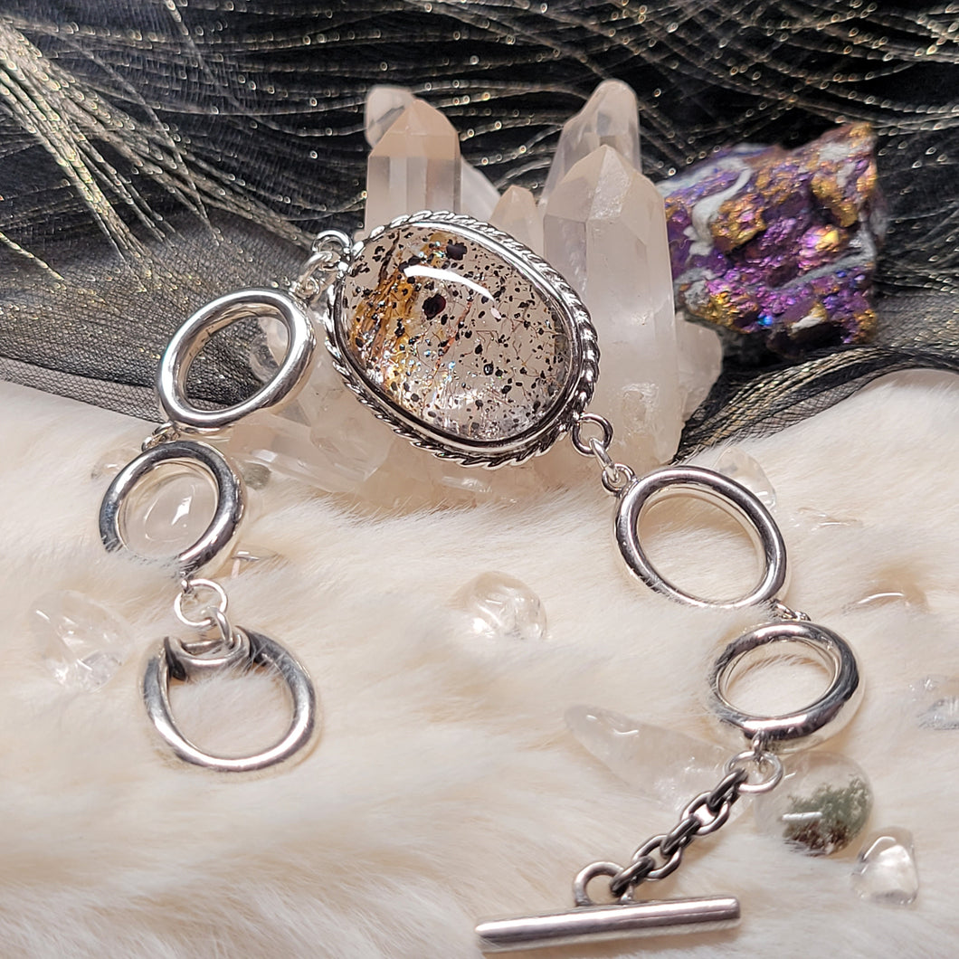 0923 黑超七黃膠花共生礦S925純銀設計款手鏈