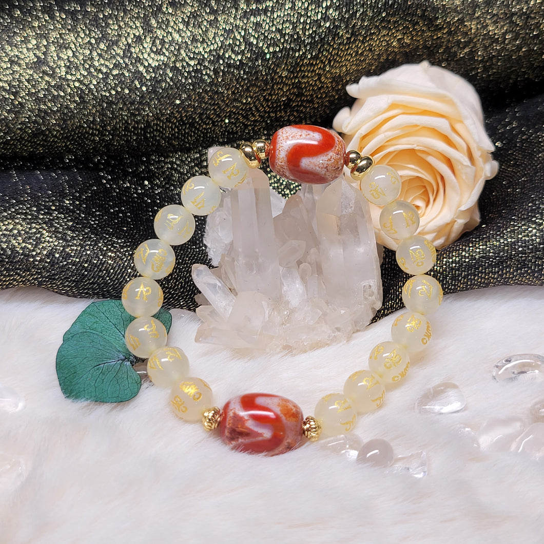 1098 紅肉牙牙琉璃六字真言琉璃手串