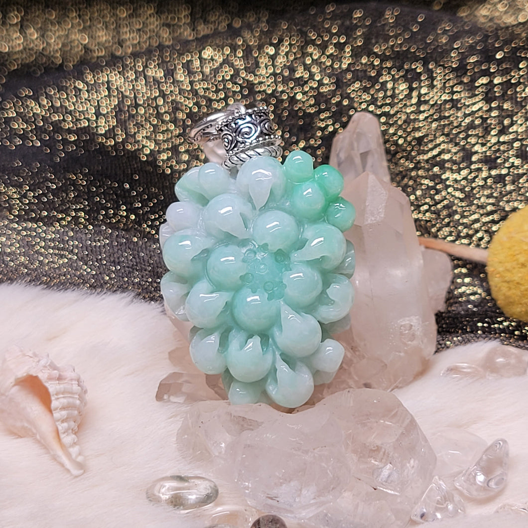 1049 綠翡花花雕刻S925純銀吊墜