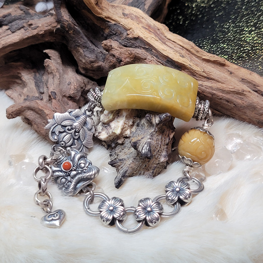 1227 A貨翡翠黃翡手牌銀手鏈