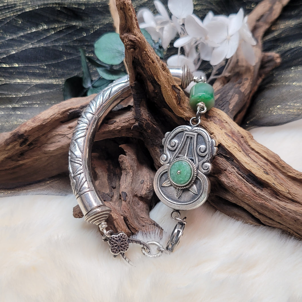 1242 A貨翡翠绿扣子銀手鏈