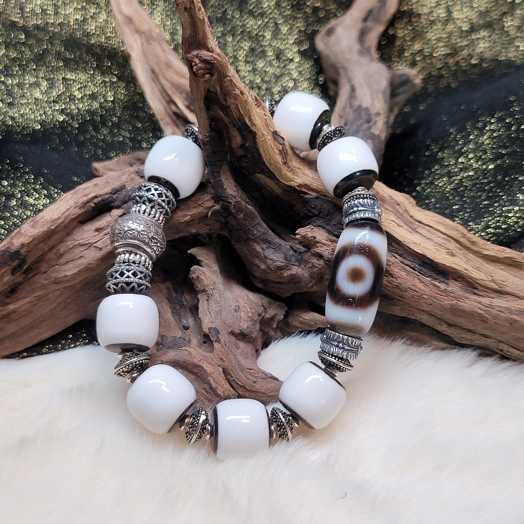 0722 三眼天珠黑白銀多寶手串