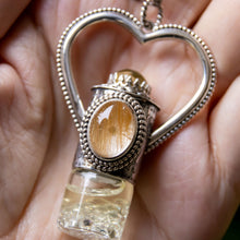 Load image into Gallery viewer, Fountain Sunset Rollerball Necklace Series - Amber &amp; Yellow Rutilated Quartz on Black Leaf Pattern
