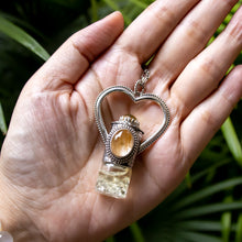 Load image into Gallery viewer, Fountain Sunset Rollerball Necklace Series - Amber &amp; Yellow Rutilated Quartz on Black Leaf Pattern
