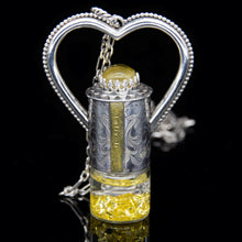 Load image into Gallery viewer, Fountain Sunset Rollerball Necklace Series - Amber &amp; Yellow Rutilated Quartz on Black Leaf Pattern
