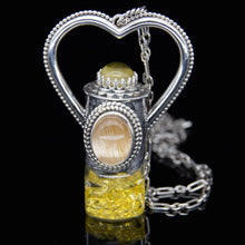Load image into Gallery viewer, Fountain Sunset Rollerball Necklace Series - Amber &amp; Yellow Rutilated Quartz on Black Leaf Pattern
